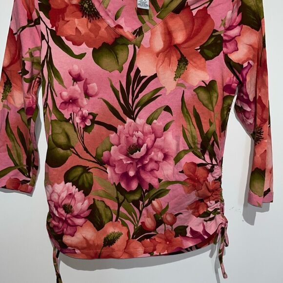 Caribbean Joe Women's Multicolor Floral V-Neck 3/4 Sleeve Blouse Petite Small - Picture 2 of 10